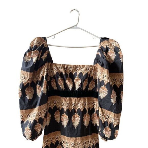 JOHANNA ORTIZ Black Symbolic Emblems Velvet Trimmed Printed Cotton Midi Dress 4 - Picture 9 of 16